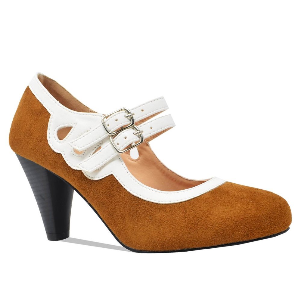 Chase & Chloe Women's Round Toe Mid Heel With Two Straps - Picture 2 of 5